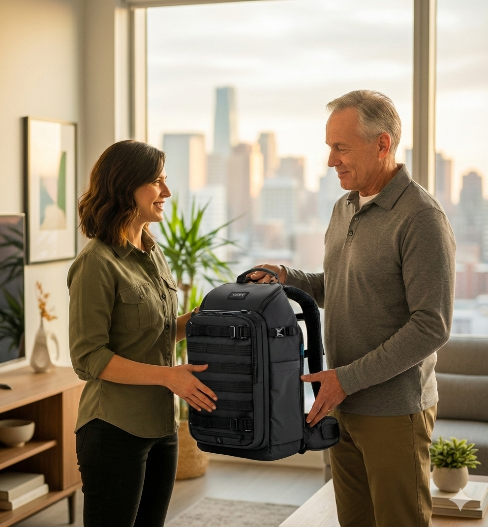 Parent handing J.P. Sutton Safety Reserve backpack to young adult in urban apartment