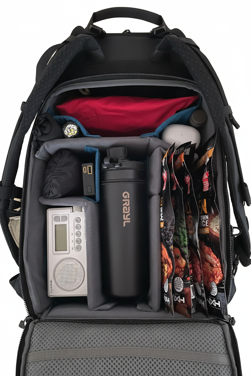 Safety Reserve backpack - view of contents from back flap